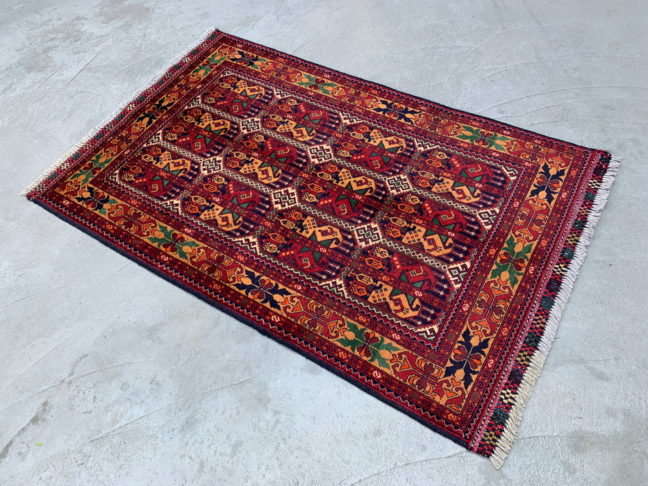 5'0 x 3'3 Hand-Knotted Peshawari Chobi Wool Rug - Red Tribal Geometric Area Rug - KBHM-567