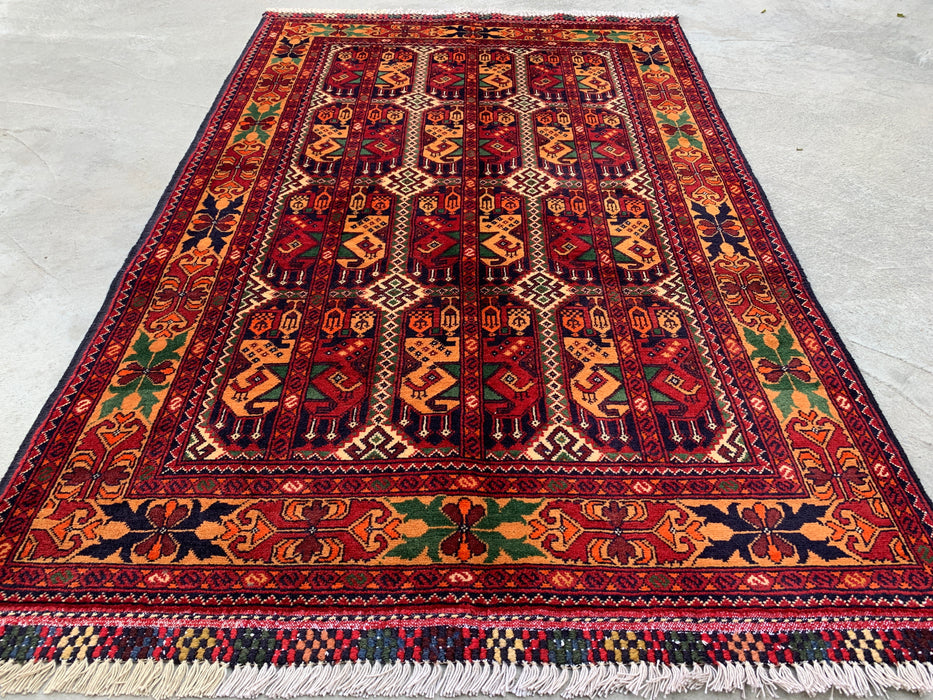 5'0 x 3'3 Hand-Knotted Peshawari Chobi Wool Rug - Red Tribal Geometric Area Rug - KBHM-567