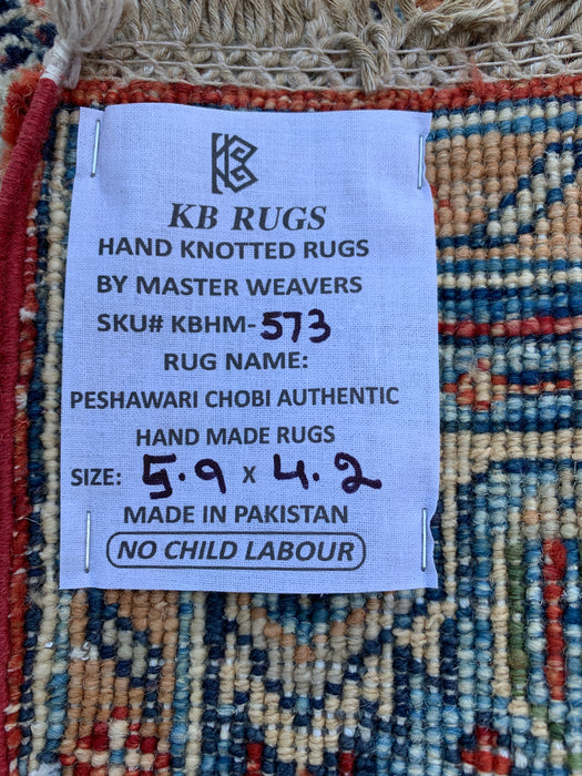 5'9 x 4'2 Hand-Knotted Peshawari Chobi Wool Rug - Red Traditional Medallion Area Rug - KBHM-573