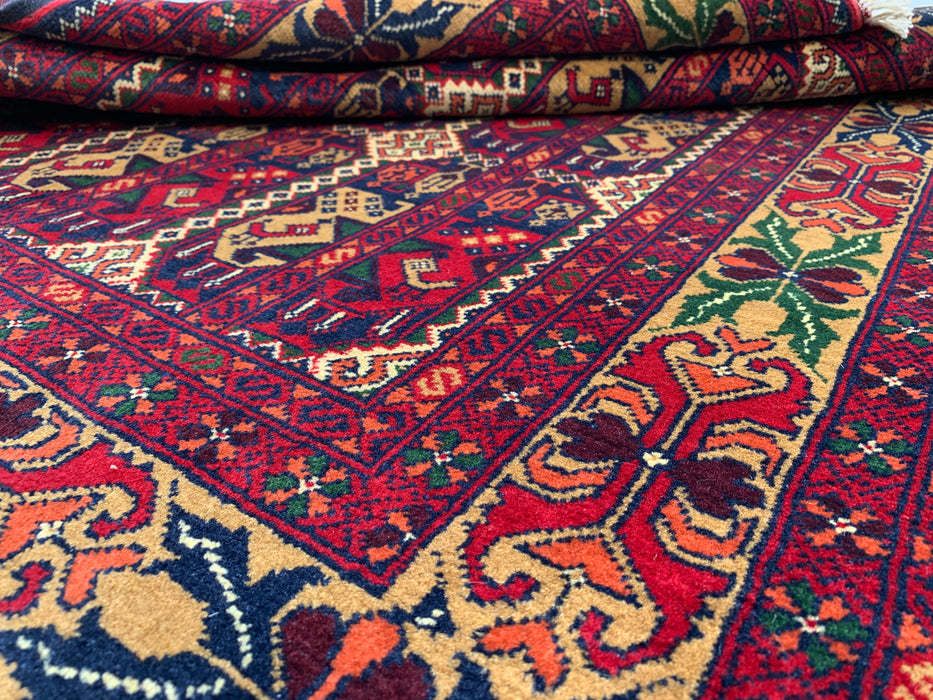 3'11 x 3'4 Hand-Knotted Peshawari Chobi Wool Rug - Red Tribal Geometric Area Rug - KBHM-576