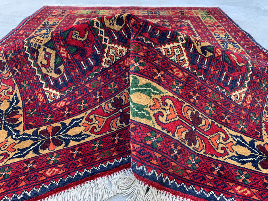 3'11 x 3'4 Hand-Knotted Peshawari Chobi Wool Rug - Red Tribal Geometric Area Rug - KBHM-576