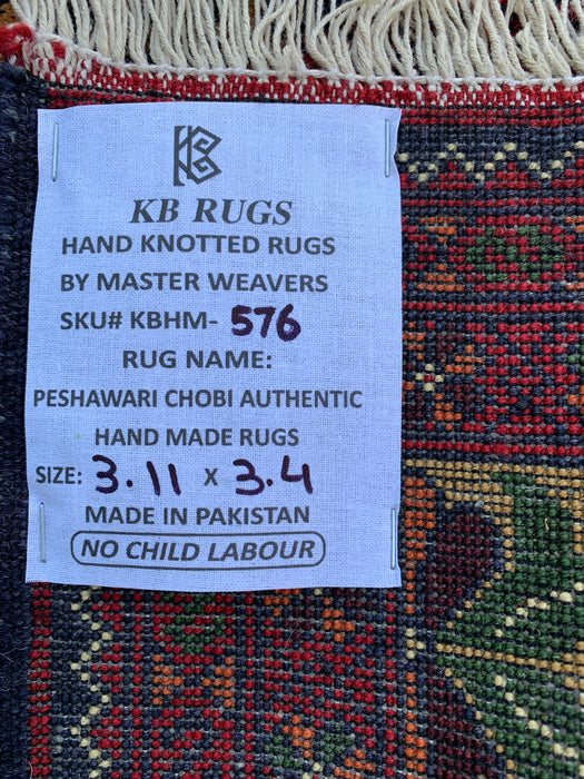 3'11 x 3'4 Hand-Knotted Peshawari Chobi Wool Rug - Red Tribal Geometric Area Rug - KBHM-576