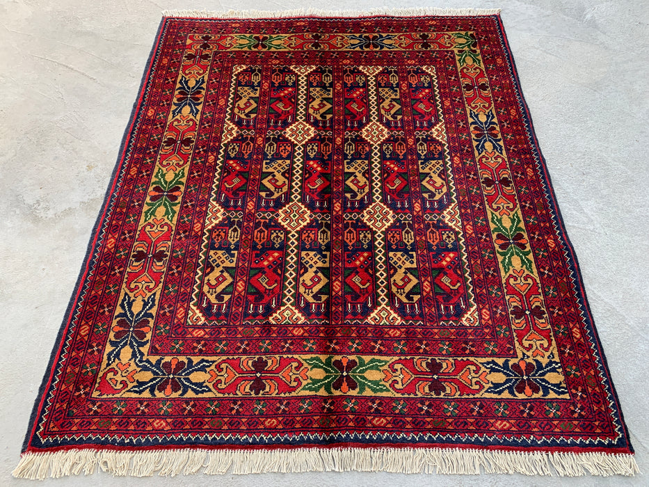 3'11 x 3'4 Hand-Knotted Peshawari Chobi Wool Rug - Red Tribal Geometric Area Rug - KBHM-576