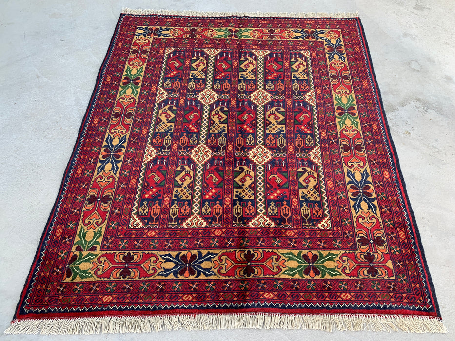 3'11 x 3'4 Hand-Knotted Peshawari Chobi Wool Rug - Red Tribal Geometric Area Rug - KBHM-576
