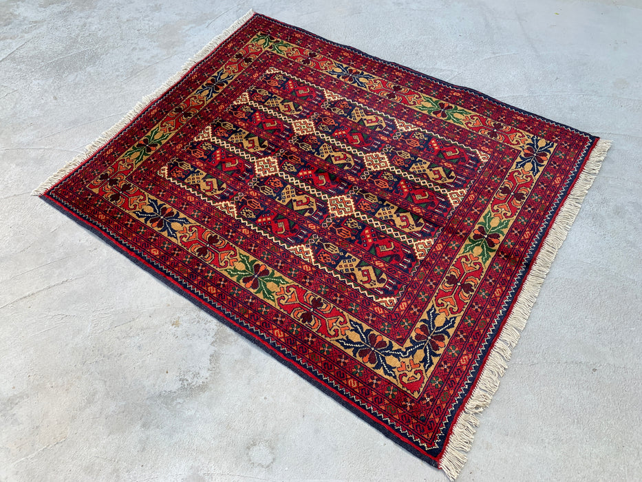 3'11 x 3'4 Hand-Knotted Peshawari Chobi Wool Rug - Red Tribal Geometric Area Rug - KBHM-576