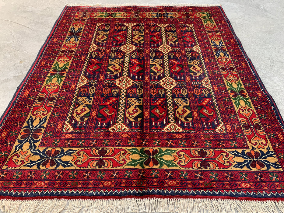 3'11 x 3'4 Hand-Knotted Peshawari Chobi Wool Rug - Red Tribal Geometric Area Rug - KBHM-576