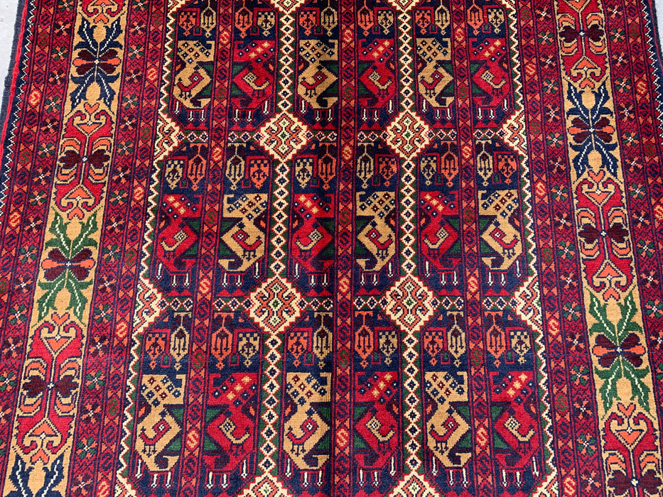 3'11 x 3'4 Hand-Knotted Peshawari Chobi Wool Rug - Red Tribal Geometric Area Rug - KBHM-576