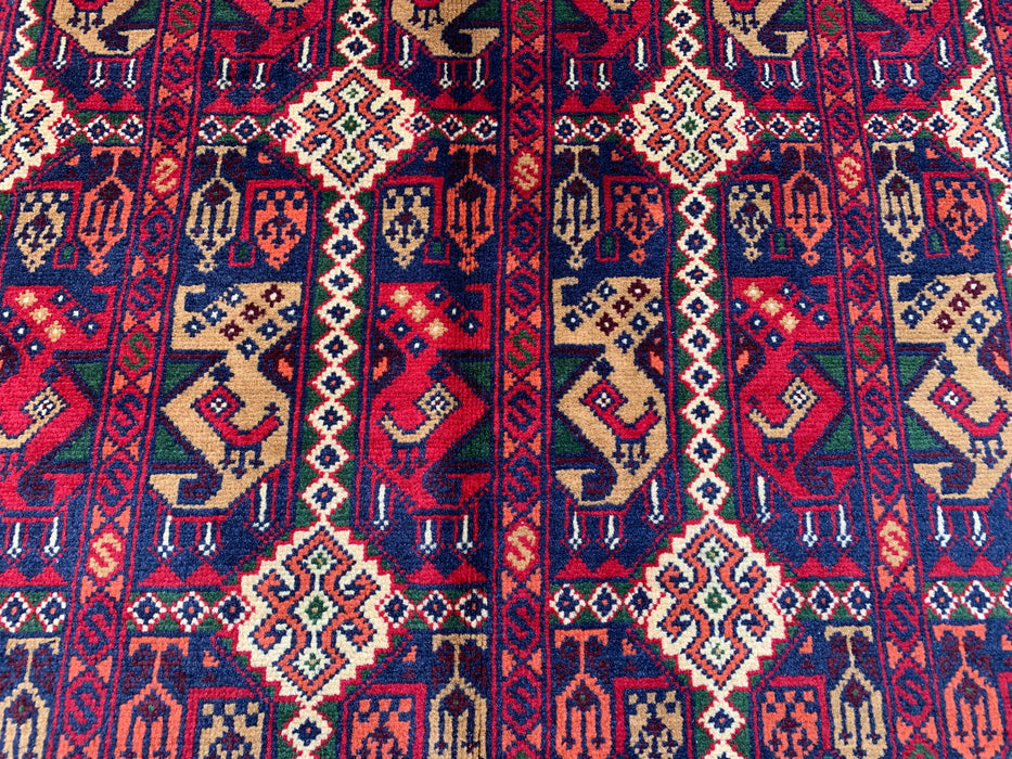 3'11 x 3'4 Hand-Knotted Peshawari Chobi Wool Rug - Red Tribal Geometric Area Rug - KBHM-576