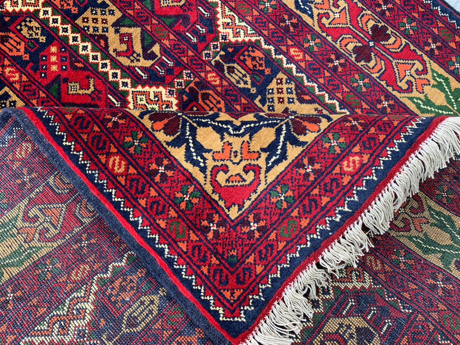3'11 x 3'4 Hand-Knotted Peshawari Chobi Wool Rug - Red Tribal Geometric Area Rug - KBHM-576