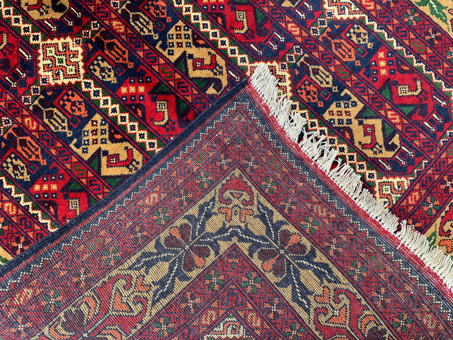 3'11 x 3'4 Hand-Knotted Peshawari Chobi Wool Rug - Red Tribal Geometric Area Rug - KBHM-576
