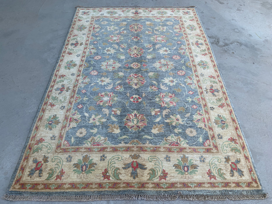 6'1 x 4'2 Hand-Knotted Peshawari Chobi Wool Rug - Blue Gray Traditional Floral Area Rug - KBHM-578