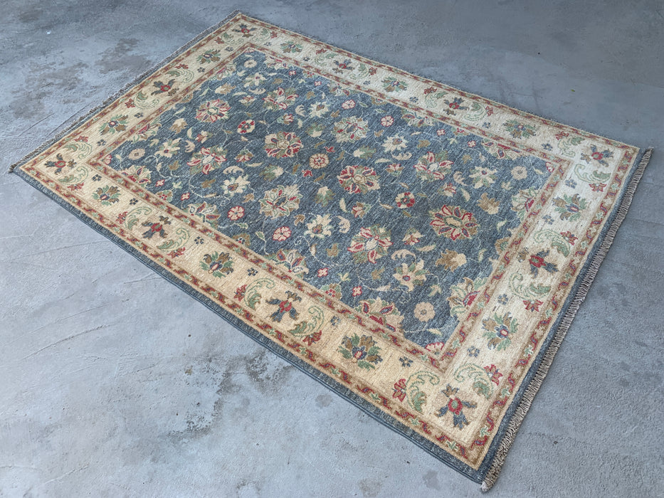 6'1 x 4'2 Hand-Knotted Peshawari Chobi Wool Rug - Blue Gray Traditional Floral Area Rug - KBHM-578