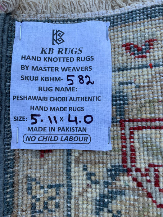 5'11 x 4'0 Hand-Knotted Peshawari Chobi Wool Rug - Blue Traditional Floral Area Rug - KBHM-582