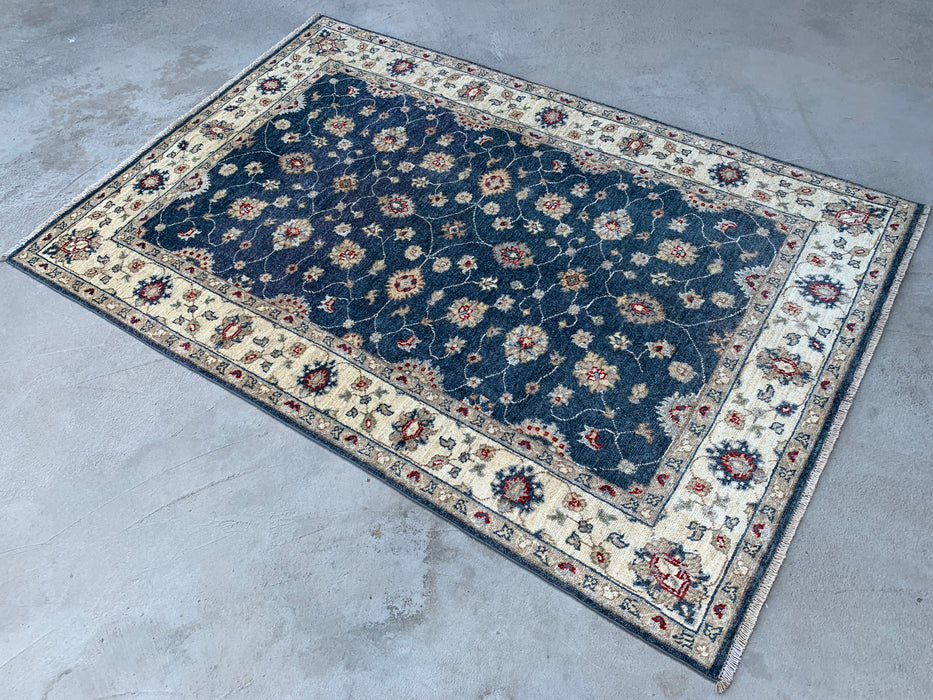 5'11 x 4'0 Hand-Knotted Peshawari Chobi Wool Rug - Blue Traditional Floral Area Rug - KBHM-582