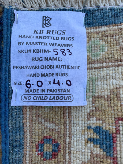 6'0 x 4'0 Hand-Knotted Peshawari Chobi Wool Rug - Blue Traditional Floral Area Rug - KBHM-583