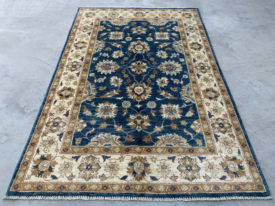 6'0 x 4'0 Hand-Knotted Peshawari Chobi Wool Rug - Blue Traditional Floral Area Rug - KBHM-583