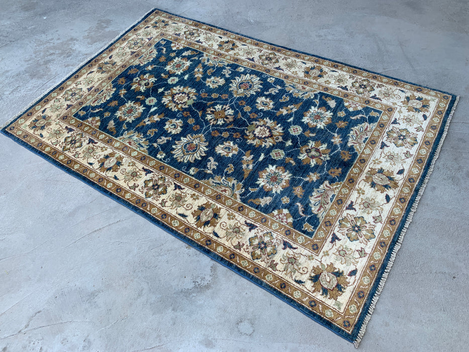 6'0 x 4'0 Hand-Knotted Peshawari Chobi Wool Rug - Blue Traditional Floral Area Rug - KBHM-583
