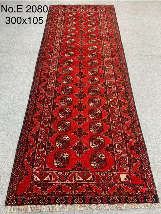 3’5” × 9’10” Hand-Knotted Afghan Runner Rug – Red with Tribal Motifs