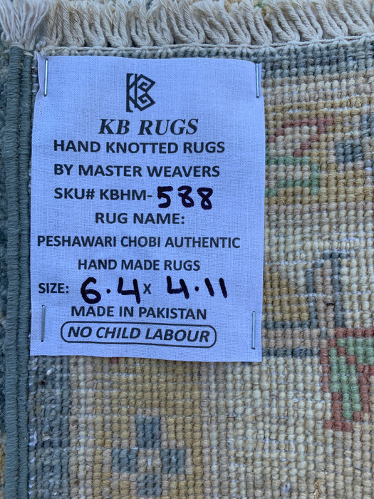 6'4 x 4'11 Hand-Knotted Peshawari Chobi Wool Rug - Gray Traditional Floral Area Rug - KBHM-588