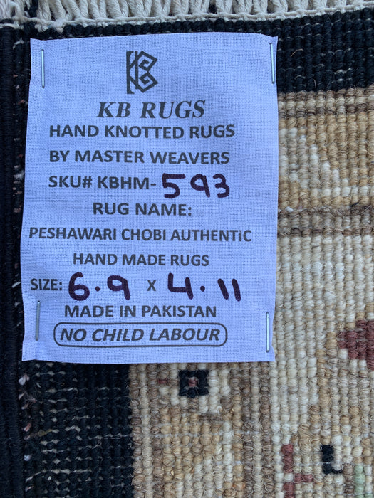 6'9 x 4'11 Hand-Knotted Peshawari Chobi Wool Rug - Black Traditional Floral Area Rug - KBHM-593