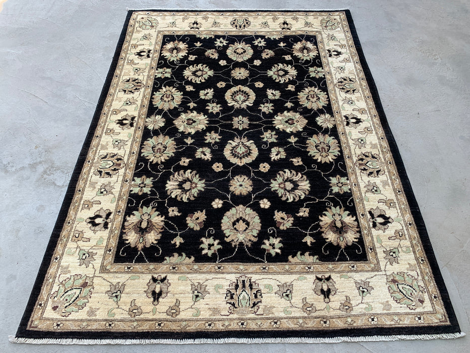 6'9 x 4'11 Hand-Knotted Peshawari Chobi Wool Rug - Black Traditional Floral Area Rug - KBHM-593