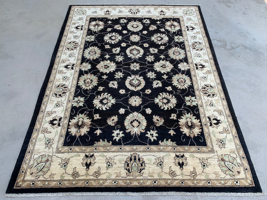 6'9 x 4'11 Hand-Knotted Peshawari Chobi Wool Rug - Black Traditional Floral Area Rug - KBHM-593