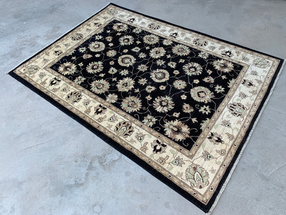 6'9 x 4'11 Hand-Knotted Peshawari Chobi Wool Rug - Black Traditional Floral Area Rug - KBHM-593