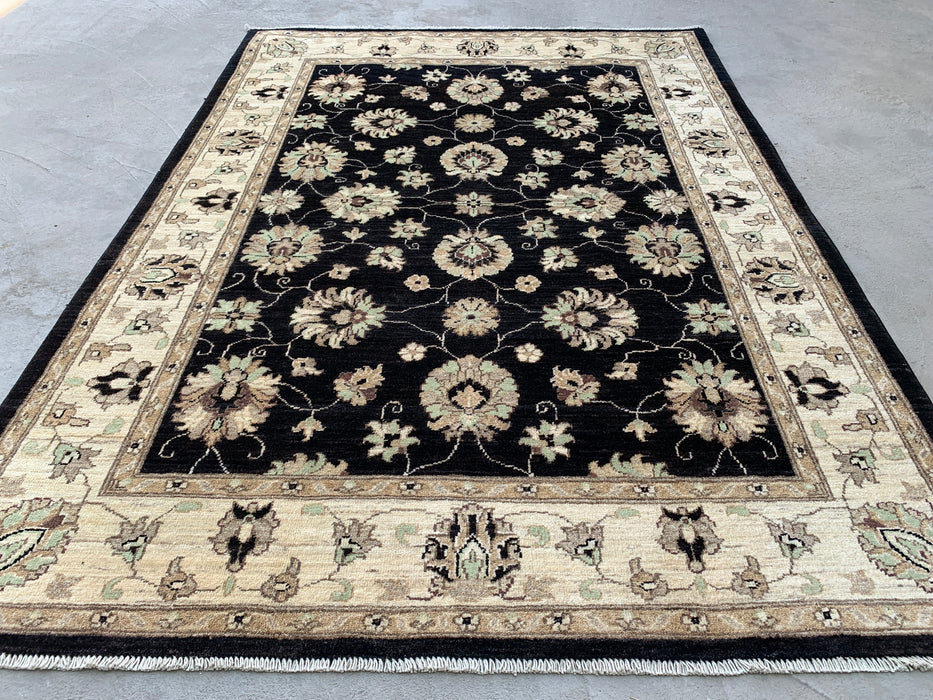 6'9 x 4'11 Hand-Knotted Peshawari Chobi Wool Rug - Black Traditional Floral Area Rug - KBHM-593