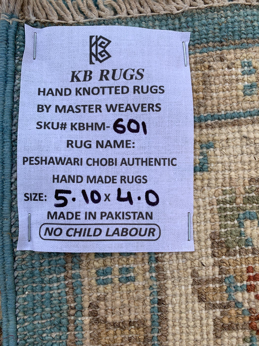 5'10 x 4'0 Hand-Knotted Peshawari Chobi Wool Rug - Blue Traditional Floral Area Rug - KBHM-601