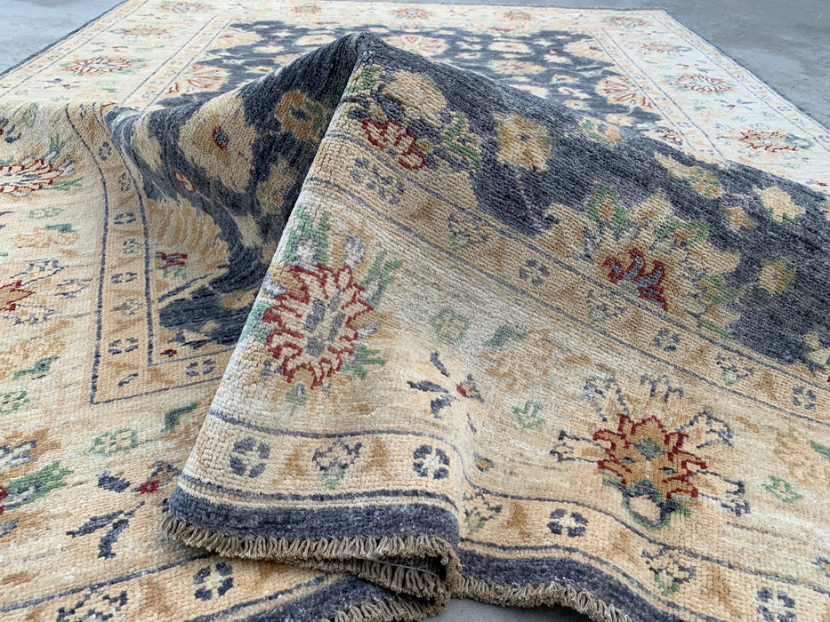 6'8 x 5'0 Hand-Knotted Peshawari Chobi Wool Rug - Gray Traditional Floral Area Rug - KBHM-602