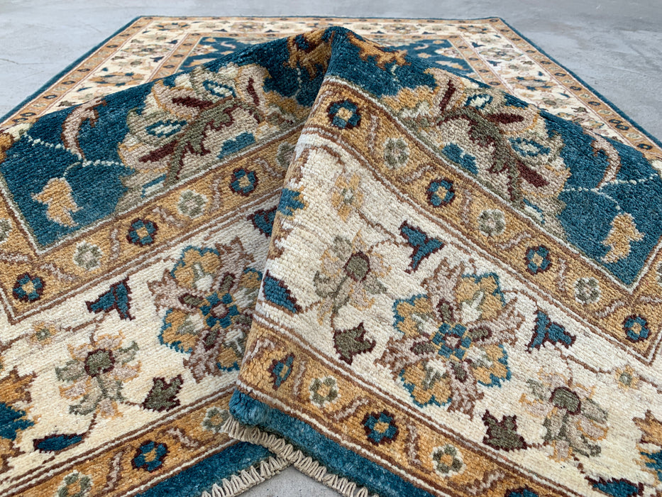 6'4 x 4'1 Hand-Knotted Peshawari Chobi Wool Rug - Teal Blue Traditional Floral Area Rug - KBHM-605