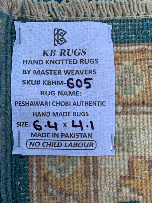 6'4 x 4'1 Hand-Knotted Peshawari Chobi Wool Rug - Teal Blue Traditional Floral Area Rug - KBHM-605