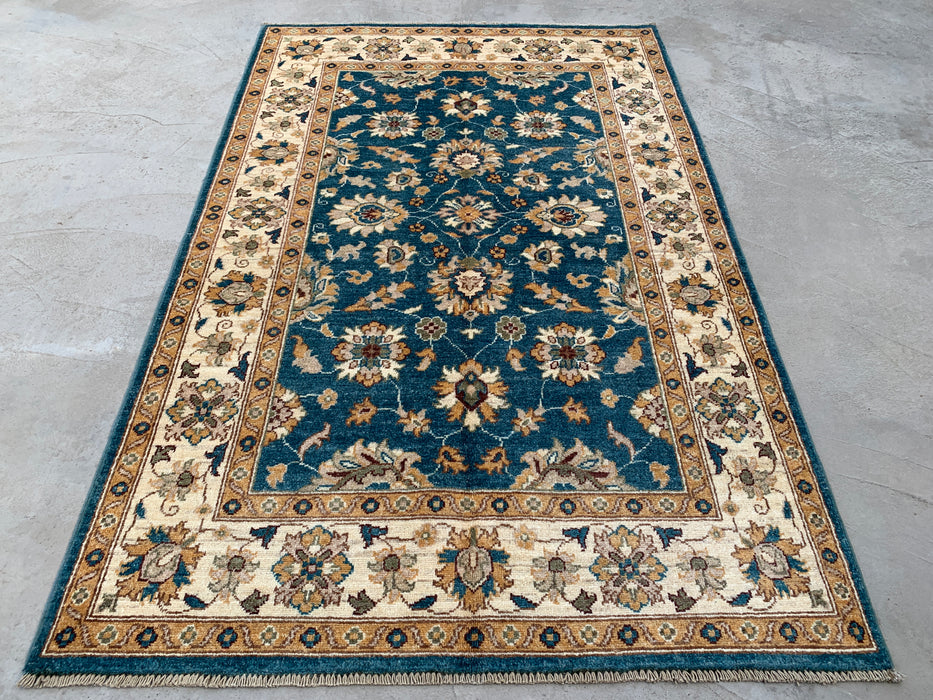 6'4 x 4'1 Hand-Knotted Peshawari Chobi Wool Rug - Teal Blue Traditional Floral Area Rug - KBHM-605