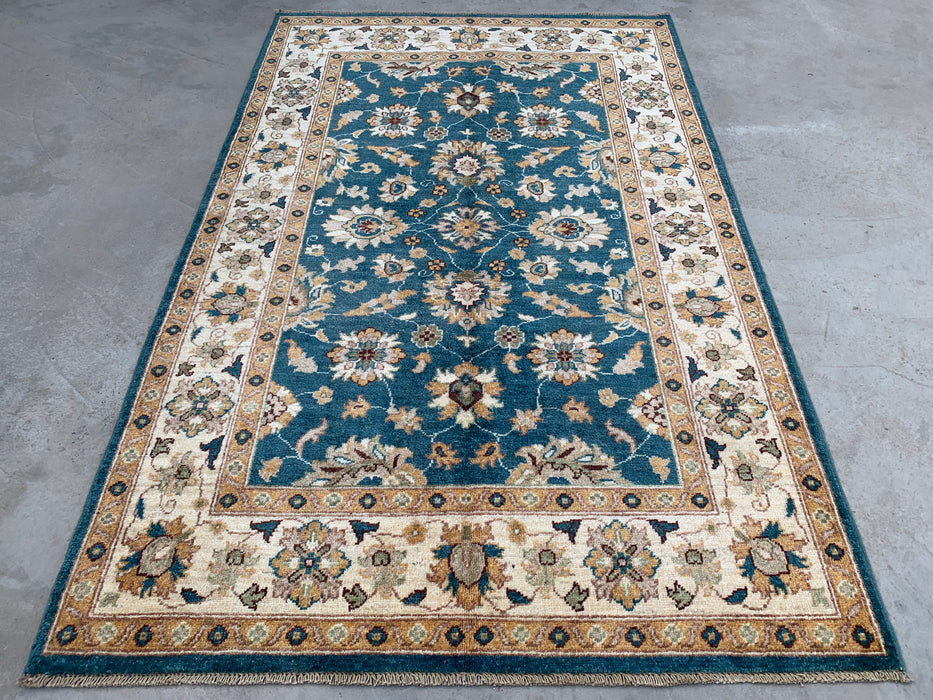 6'4 x 4'1 Hand-Knotted Peshawari Chobi Wool Rug - Teal Blue Traditional Floral Area Rug - KBHM-605