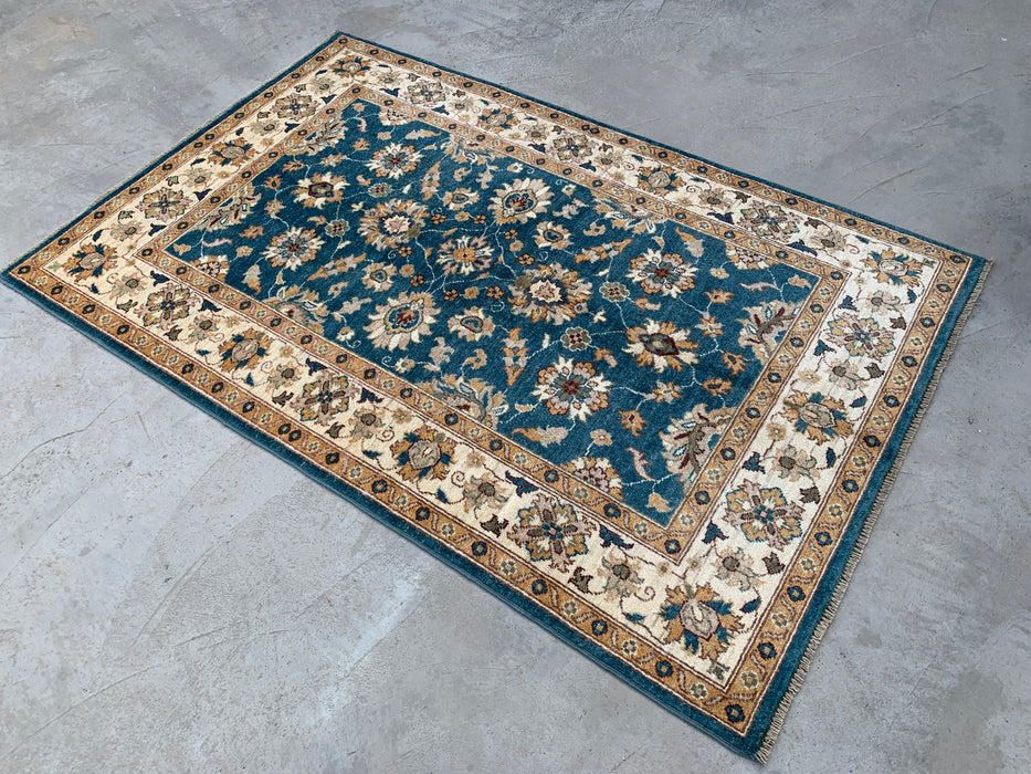 6'4 x 4'1 Hand-Knotted Peshawari Chobi Wool Rug - Teal Blue Traditional Floral Area Rug - KBHM-605