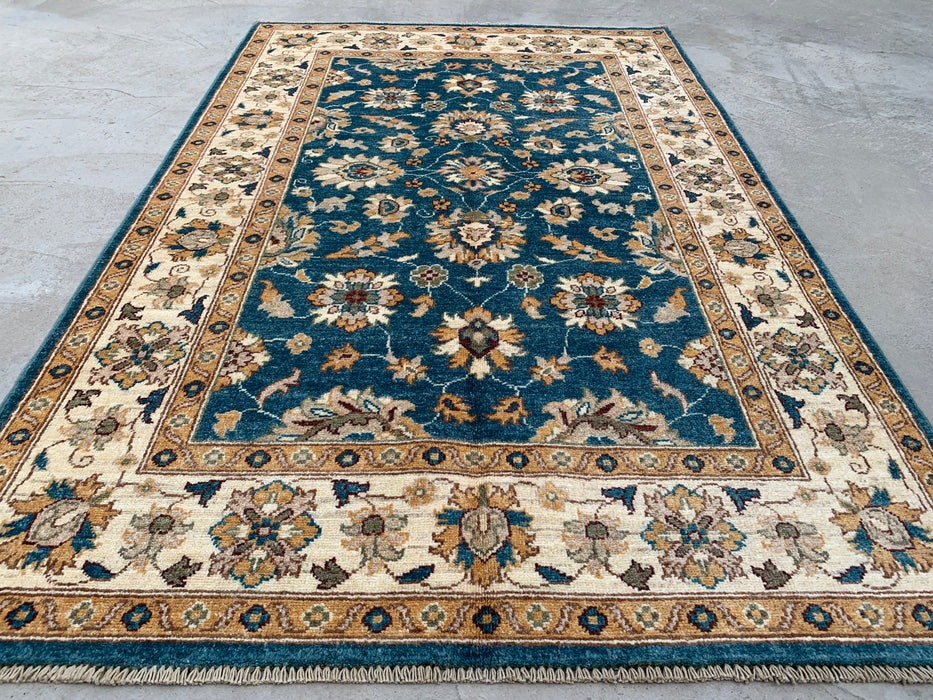 6'4 x 4'1 Hand-Knotted Peshawari Chobi Wool Rug - Teal Blue Traditional Floral Area Rug - KBHM-605