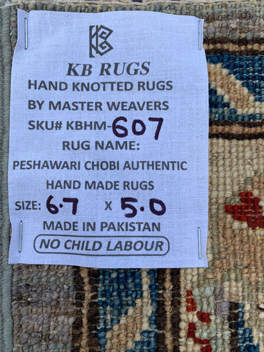 6'7 x 5'0 Hand-Knotted Peshawari Chobi Wool Rug - Purple Gray Traditional Floral Area Rug - KBHM-607