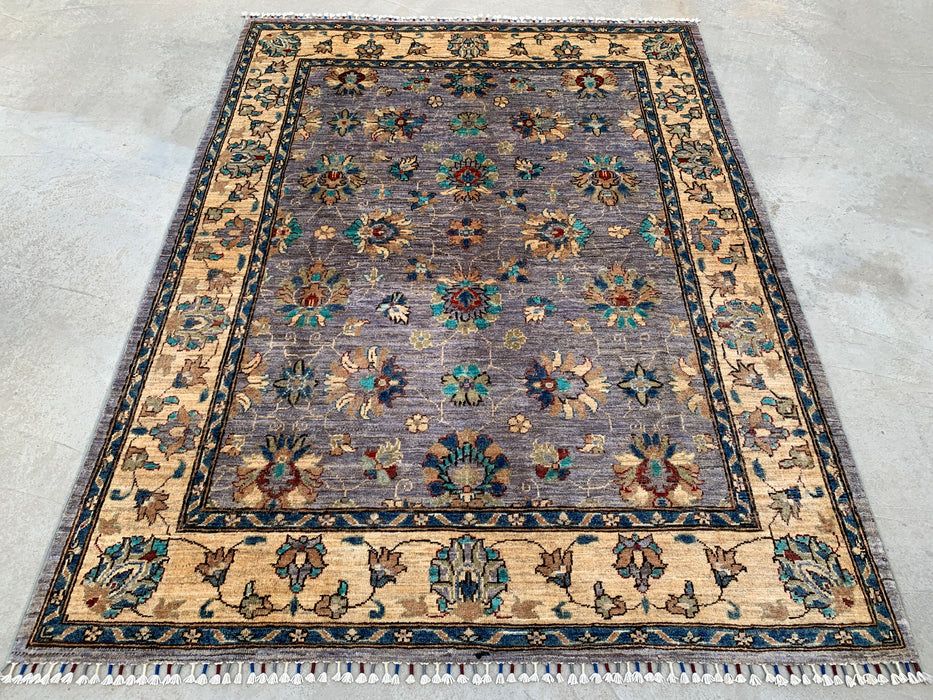 6'7 x 5'0 Hand-Knotted Peshawari Chobi Wool Rug - Purple Gray Traditional Floral Area Rug - KBHM-607