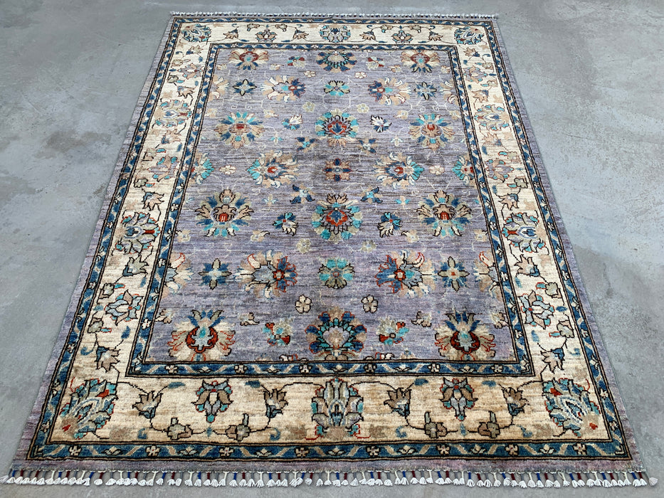 6'7 x 5'0 Hand-Knotted Peshawari Chobi Wool Rug - Purple Gray Traditional Floral Area Rug - KBHM-607