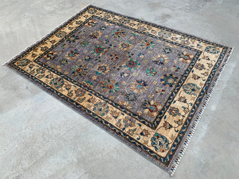 6'7 x 5'0 Hand-Knotted Peshawari Chobi Wool Rug - Purple Gray Traditional Floral Area Rug - KBHM-607