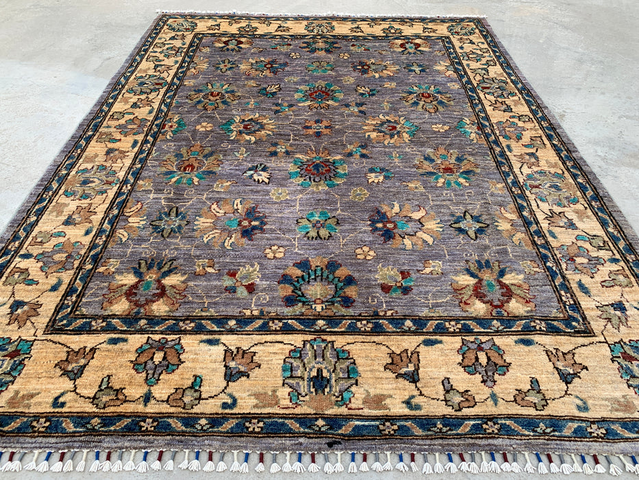 6'7 x 5'0 Hand-Knotted Peshawari Chobi Wool Rug - Purple Gray Traditional Floral Area Rug - KBHM-607