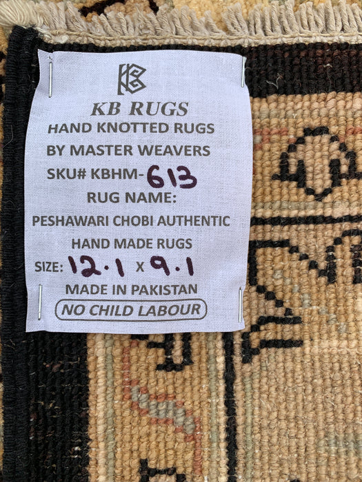 12'1 x 9'1 Hand-Knotted Peshawari Chobi Wool Rug - Black Traditional Floral Area Rug - KBHM-613