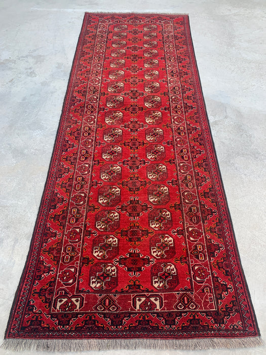 9'4 x 3'5 Hand-Knotted Peshawari Chobi Wool Runner Rug - Red Tribal Geometric Hallway Rug - KBHM-614