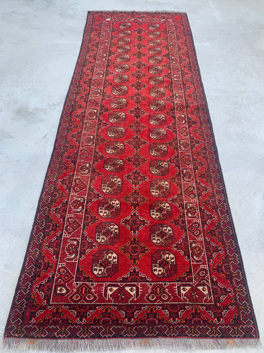 9'10 x 3'6 Hand-Knotted Peshawari Chobi Wool Runner Rug - Red Tribal Geometric Hallway Rug - KBHM-615