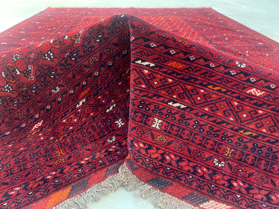 Handmade Persian Wool Area Rug 7x10 - Red Tribal Geometric Chobi Style Rug - Exact Size 9'8" x 6'8" - KBHM-617
