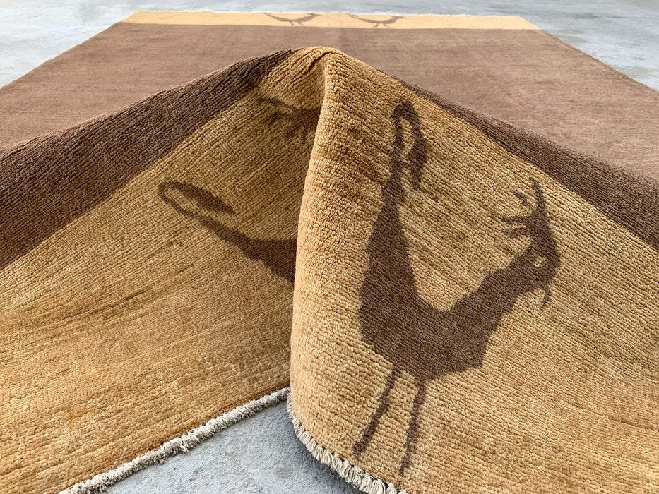 8'7 x 5'10 Hand-Knotted Peshawari Chobi Wool Rug - Brown Minimalist Bird Motif Area Rug - KBHM-620