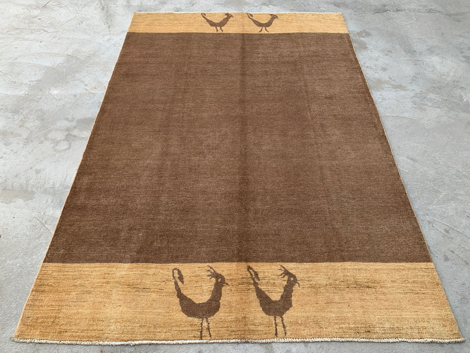 8'7 x 5'10 Hand-Knotted Peshawari Chobi Wool Rug - Brown Minimalist Bird Motif Area Rug - KBHM-620