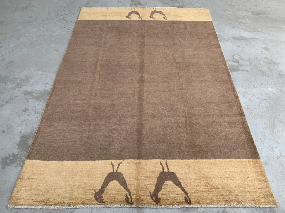 8'7 x 5'10 Hand-Knotted Peshawari Chobi Wool Rug - Brown Minimalist Bird Motif Area Rug - KBHM-620