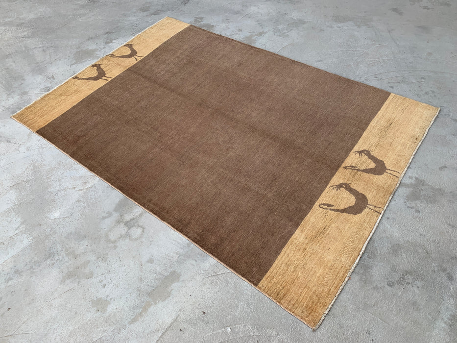8'7 x 5'10 Hand-Knotted Peshawari Chobi Wool Rug - Brown Minimalist Bird Motif Area Rug - KBHM-620