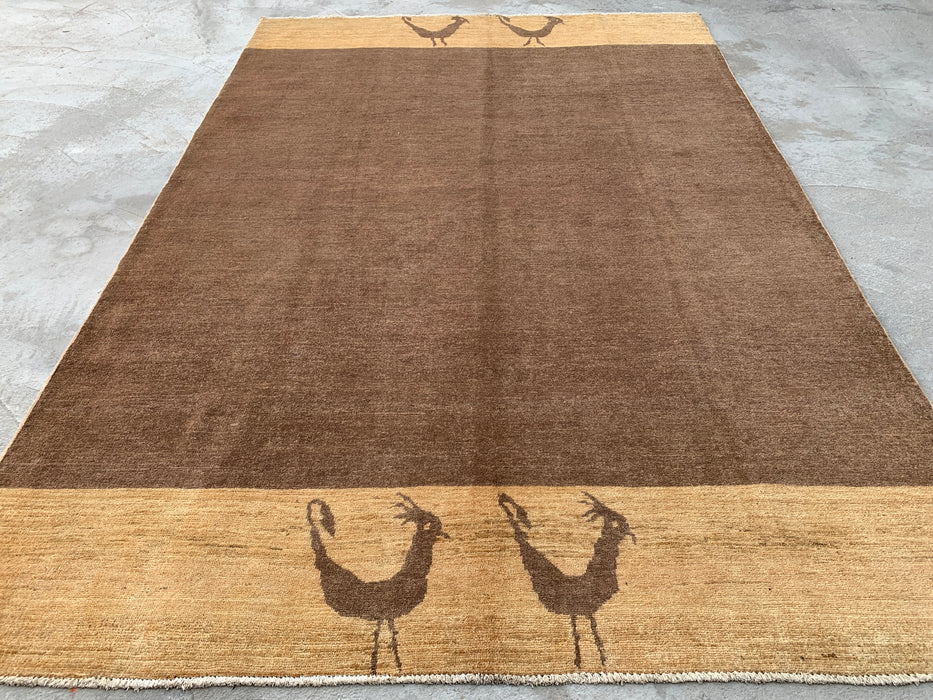 8'7 x 5'10 Hand-Knotted Peshawari Chobi Wool Rug - Brown Minimalist Bird Motif Area Rug - KBHM-620